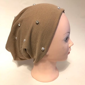 Ribbed Beanie with Pearl and Rhinestone Detail